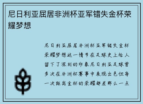 尼日利亚屈居非洲杯亚军错失金杯荣耀梦想