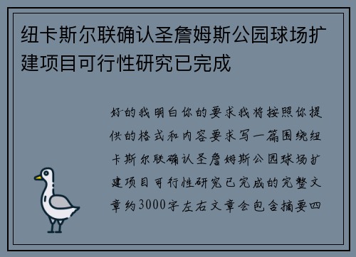 纽卡斯尔联确认圣詹姆斯公园球场扩建项目可行性研究已完成 纽卡斯尔联确认圣詹姆斯公园球场扩建项目可行性研究已完成
